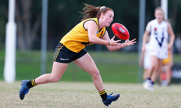 AFLW 2017 U18 Championships - Vic C v WA GOLD COAST, AUSTRALIA - JULY 14: WA's Sabreena Duffy during the 2017 AFLW Under 18 Championships match between Vic Country and Western Australia at Broadbeach FC on July 14, 2017 in Gold Coast, Australia. (Photo by Jason O'Brien/AFL Media)